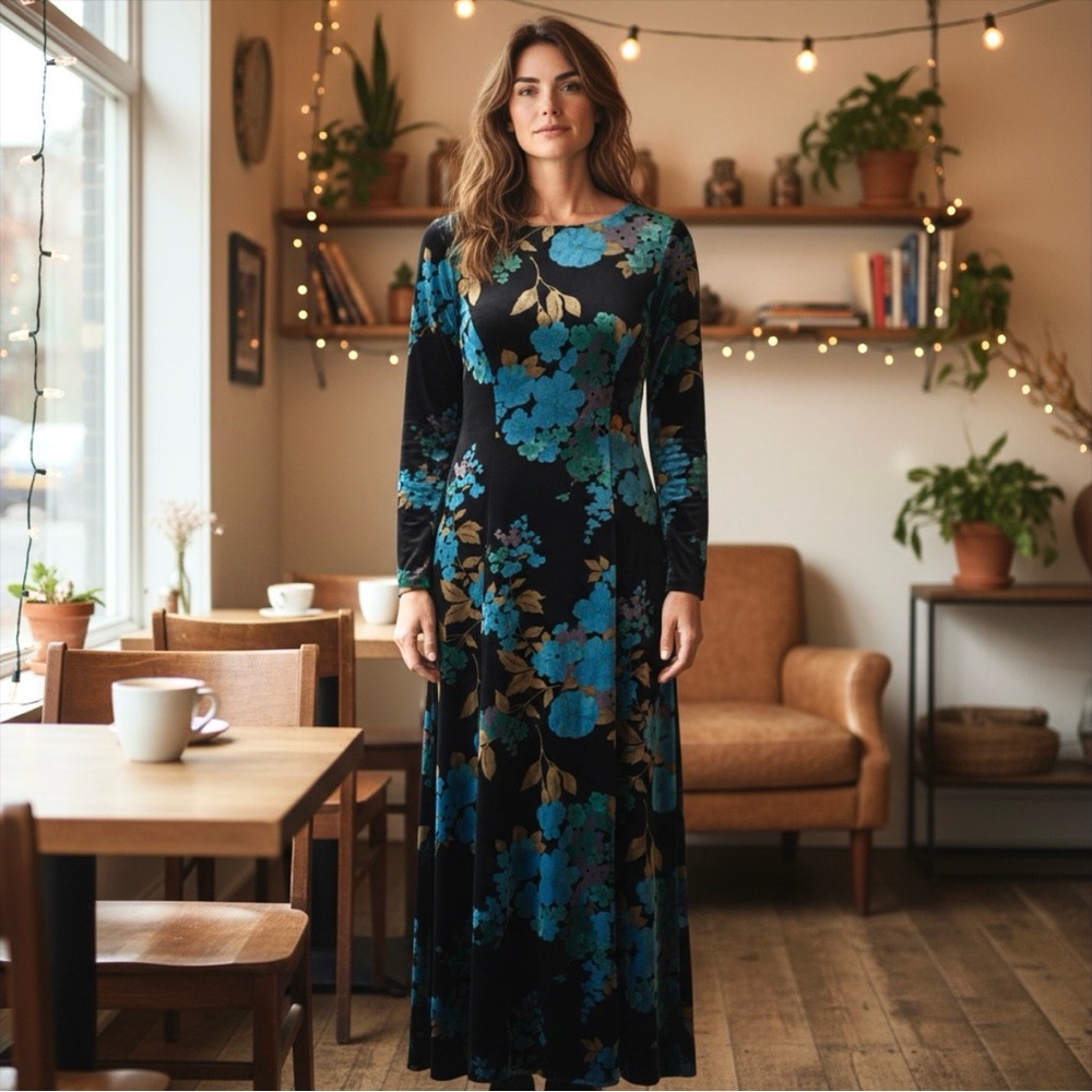 David Warren Vintage Velvet Floral Pattern Maxi‎ Dress, Black Blue Gold, Size M